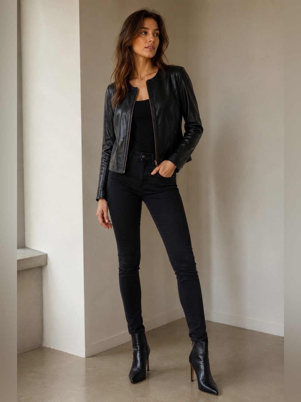 Massimo Dutti Black Genuine Leather Collarless Jacket